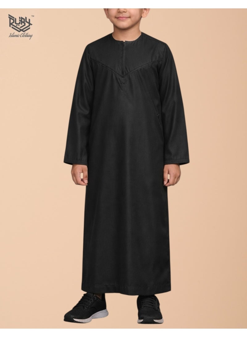 RUBY ISLAMIC CLOTHING Classic Black Emirati Thobe kandura for Children & kids with Intricate Embroidery kandura Kaftan Round Neck Long Sleeve Saudi Arabian Muslim Robe (Without Tussel) - Image 1